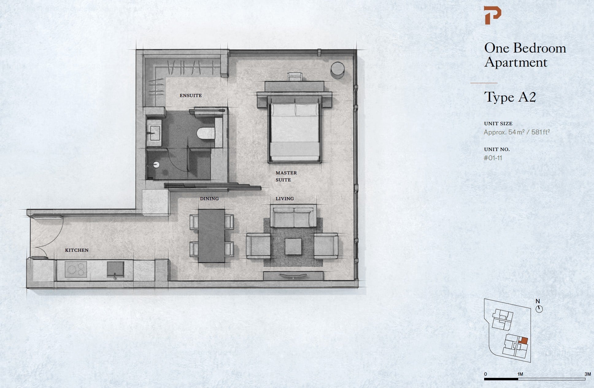 Petit Jervois – 1 Bedroom Type A2 Floor Plan