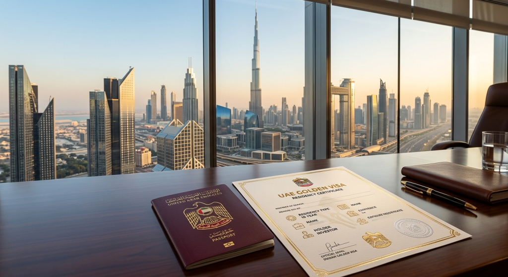 Dubai Golden Visa Document Alongside UAE Passport With Dubai Skyline In Background 2026