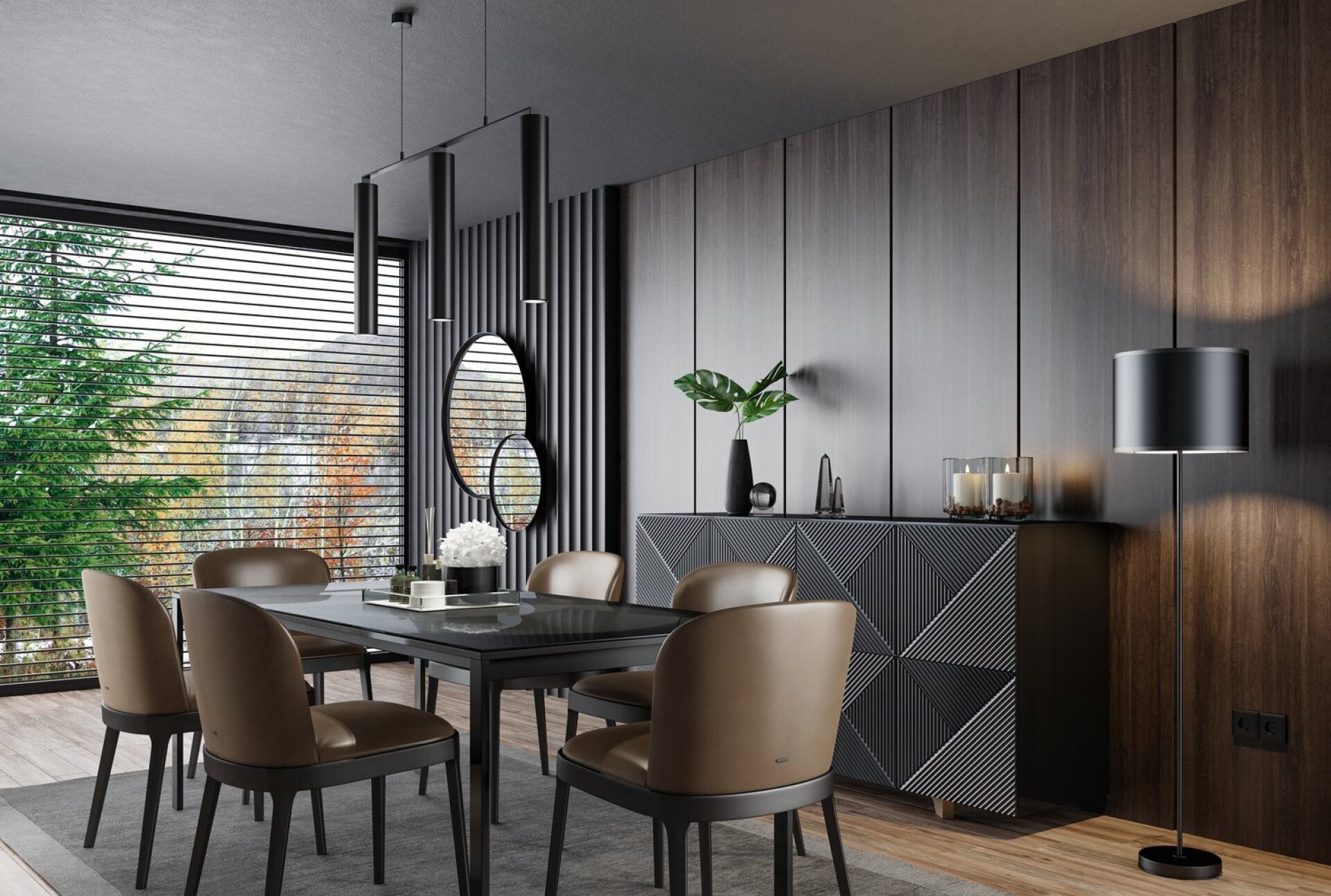 Luxury Dark Dining Room Interior With Table And Six Chairs