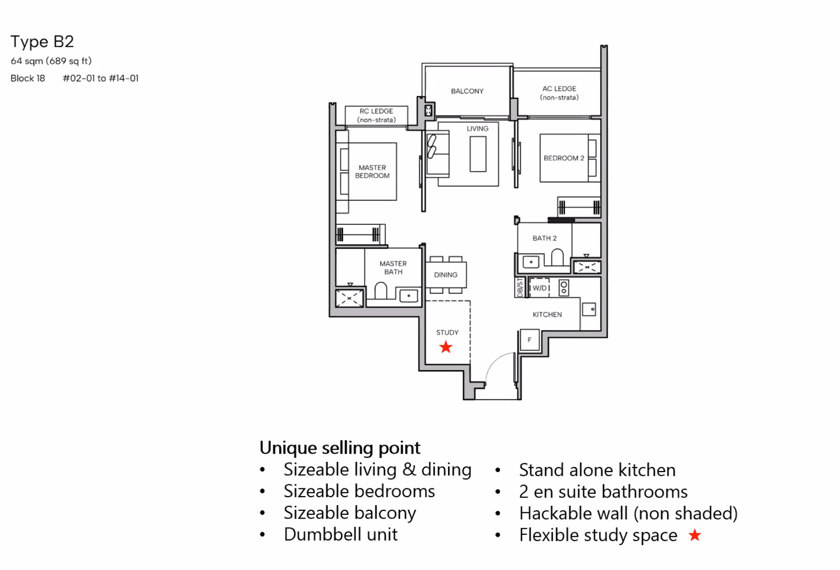 Hudson Place Floor Plan 2BR Study