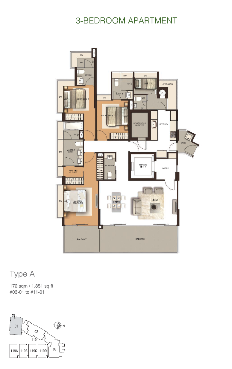 Residences At Emerald Hill – Type A 3BR Floor Plan