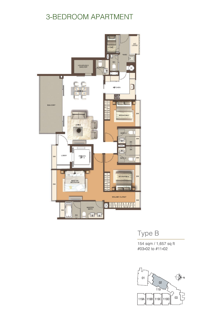 Residences At Emerald Hill – Type B 3BR Floor Plan