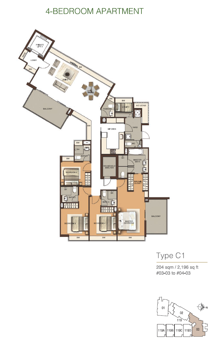 Residences At Emerald Hill – Type C1 4BR Floor Plan