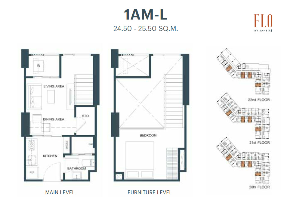 1 Bed 1 Bath Type 1AM-L Floor Plan