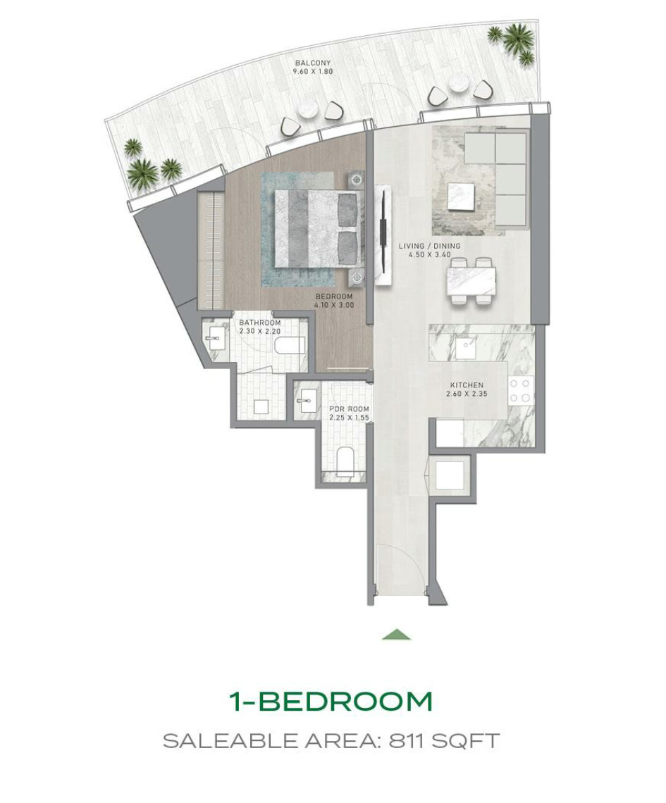 Damac Canal Crown – 1 Bedroom Floor Plan