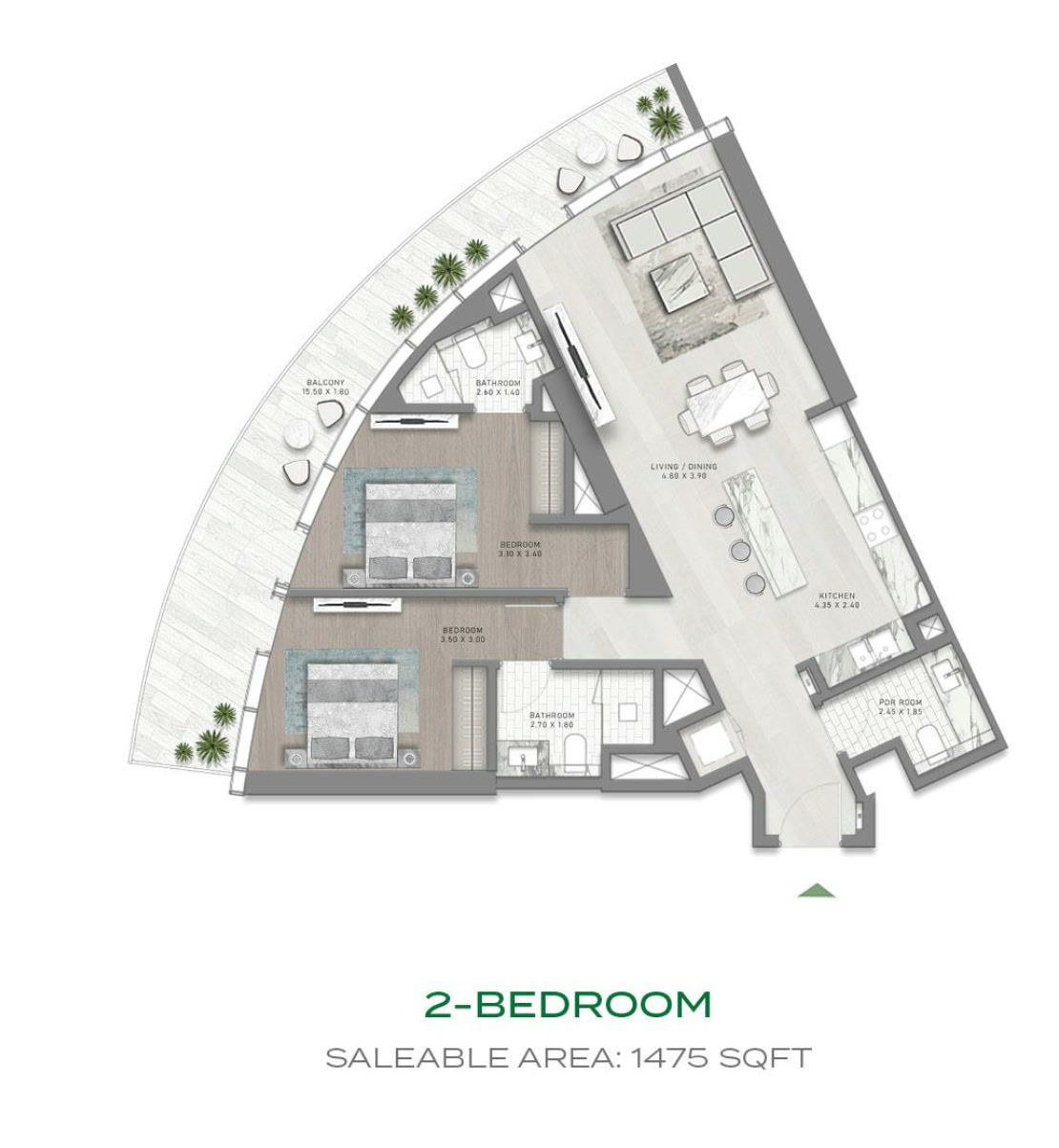 Damac Canal Crown – 2 Bedroom Floor Plan