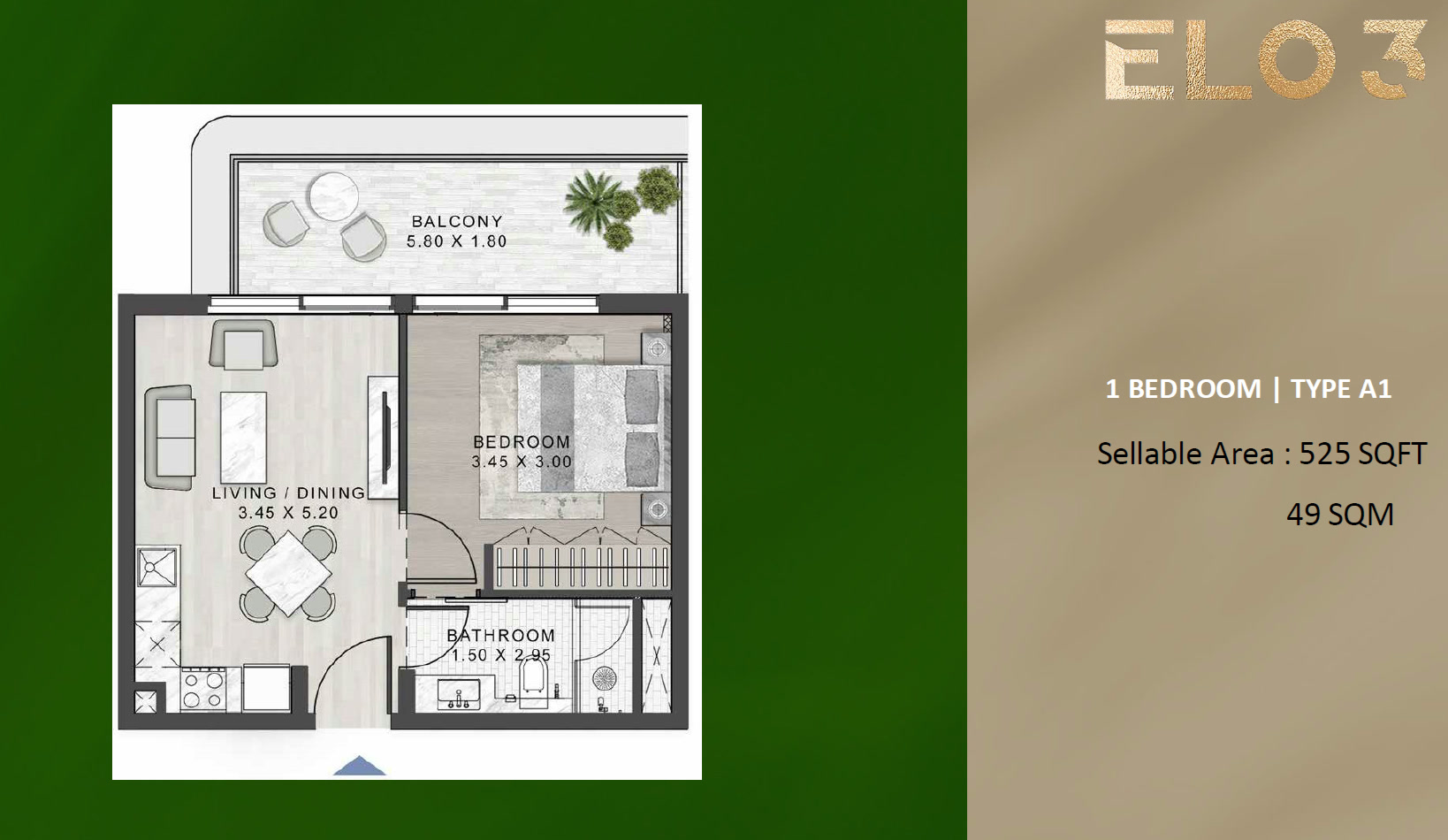 ELO 3 Damac Hill 2 – 1 Bedroom Type A1 Floor Plan