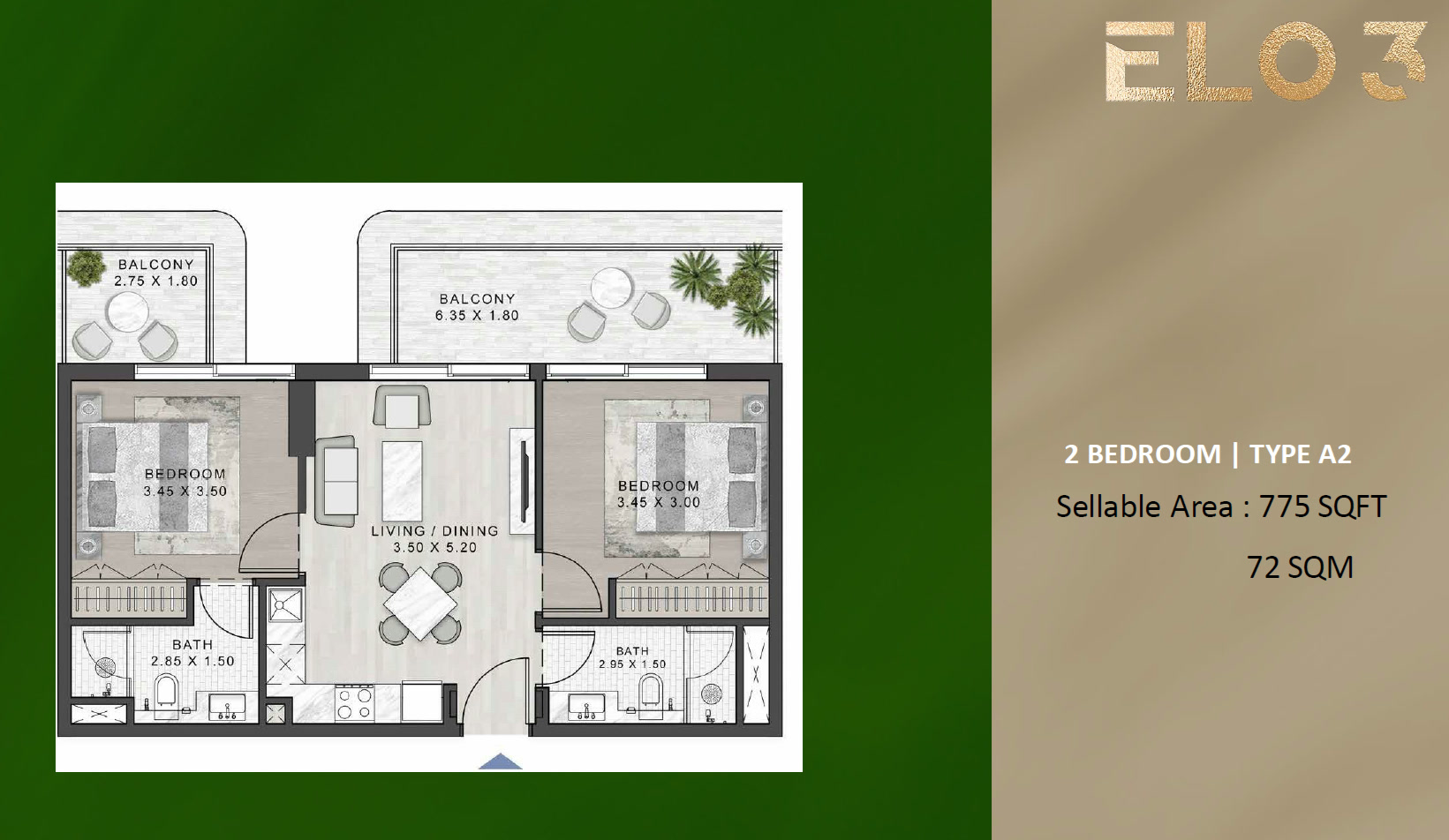 ELO 3 Damac Hill 2 – 2 Bedroom Type A2 Floor Plan