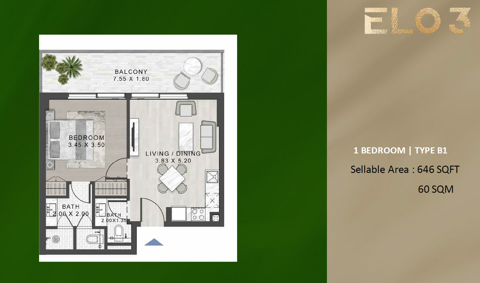 ELO 3 Damac Hill 2 – 1 Bedroom Type B1 Floor Plan