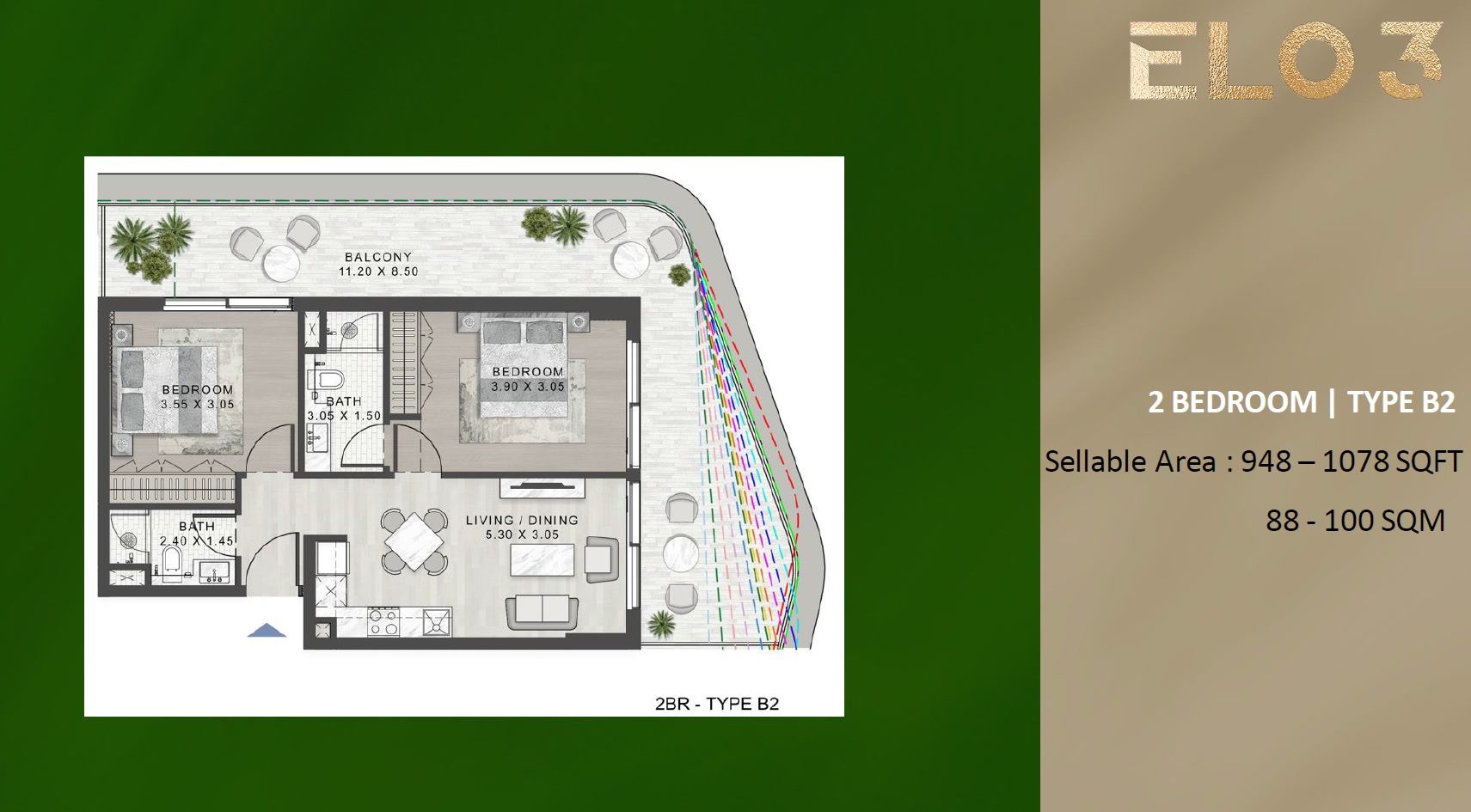 ELO 3 Damac Hill 2 – 2 Bedroom Type B2 Floor Plan