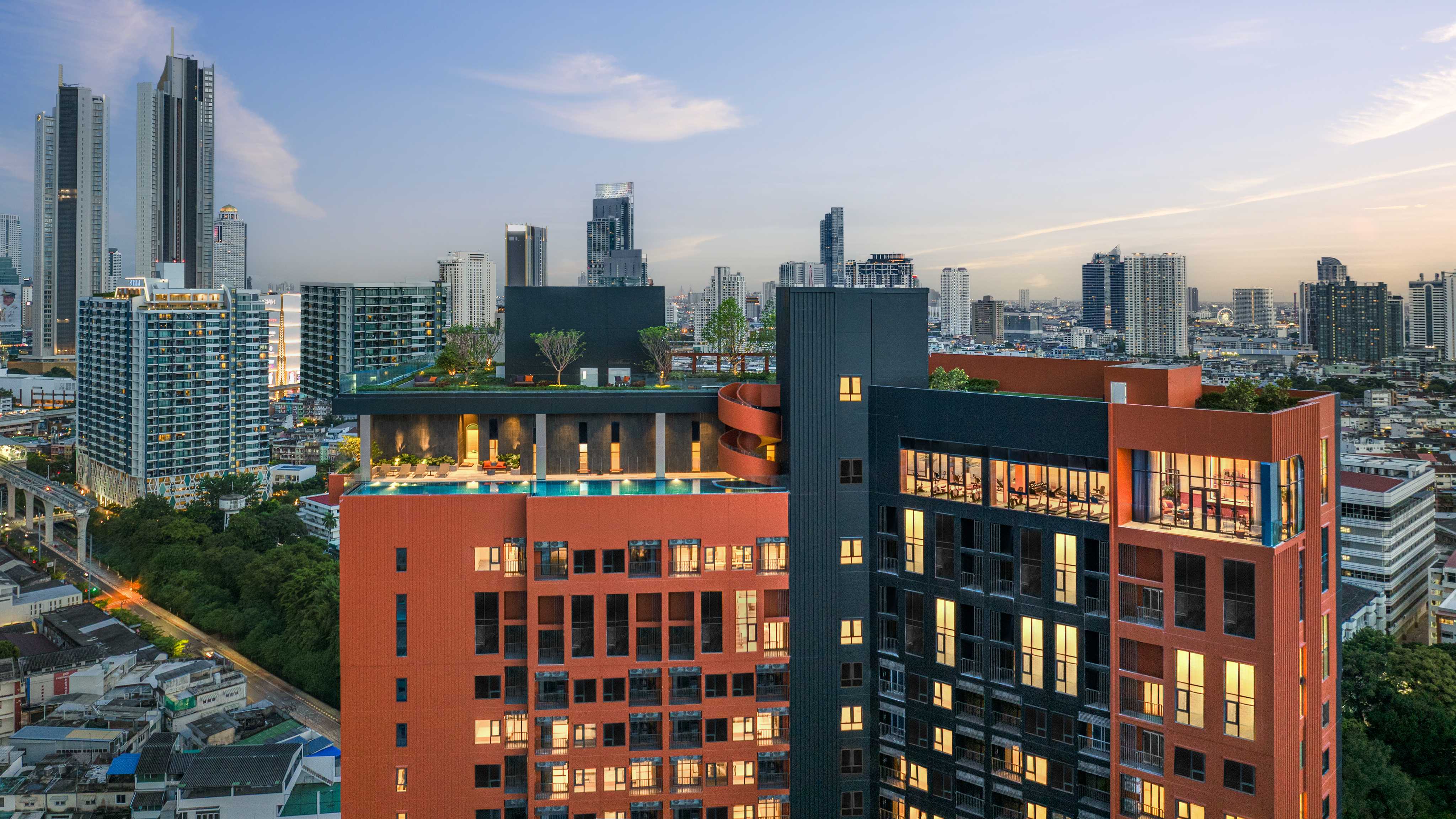 Rooftop pool and city skyline