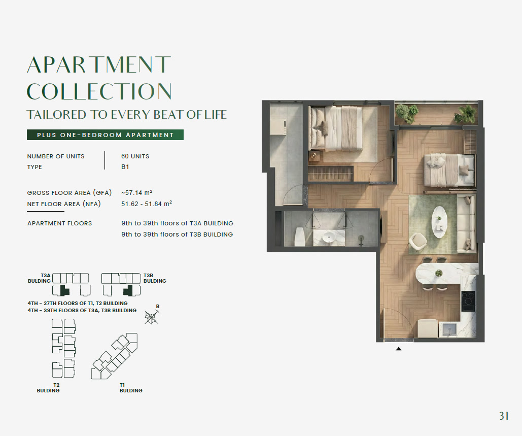 Green Skyline PLUS ONE-BEDROOM Type 1BRP-B1 Floor Plan