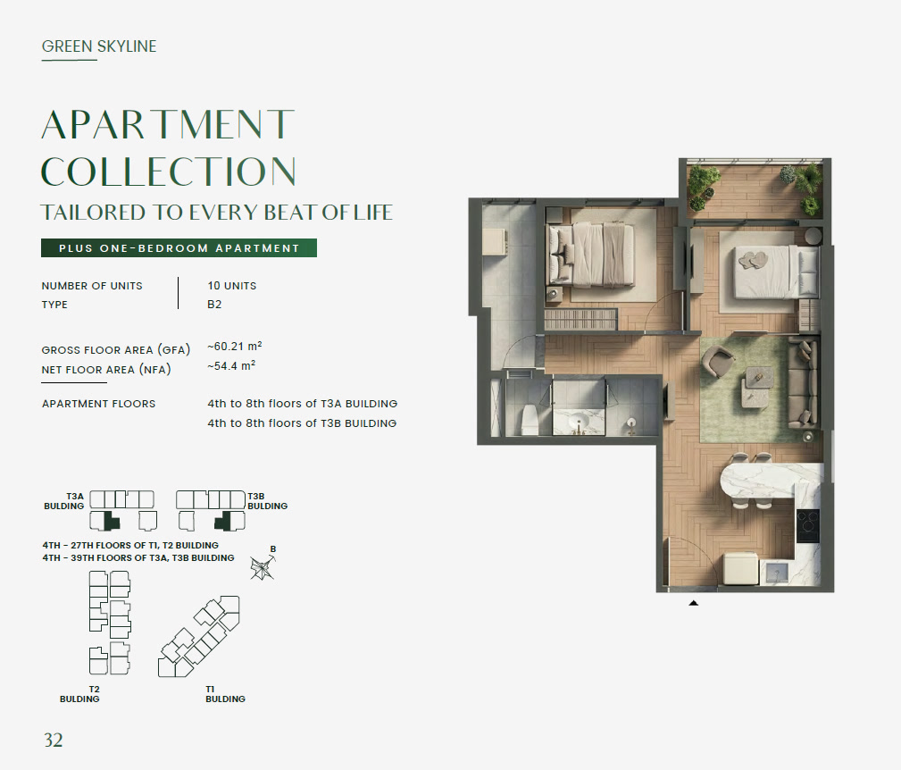 Green Skyline PLUS ONE-BEDROOM Type 1BRP-B2 Floor Plan
