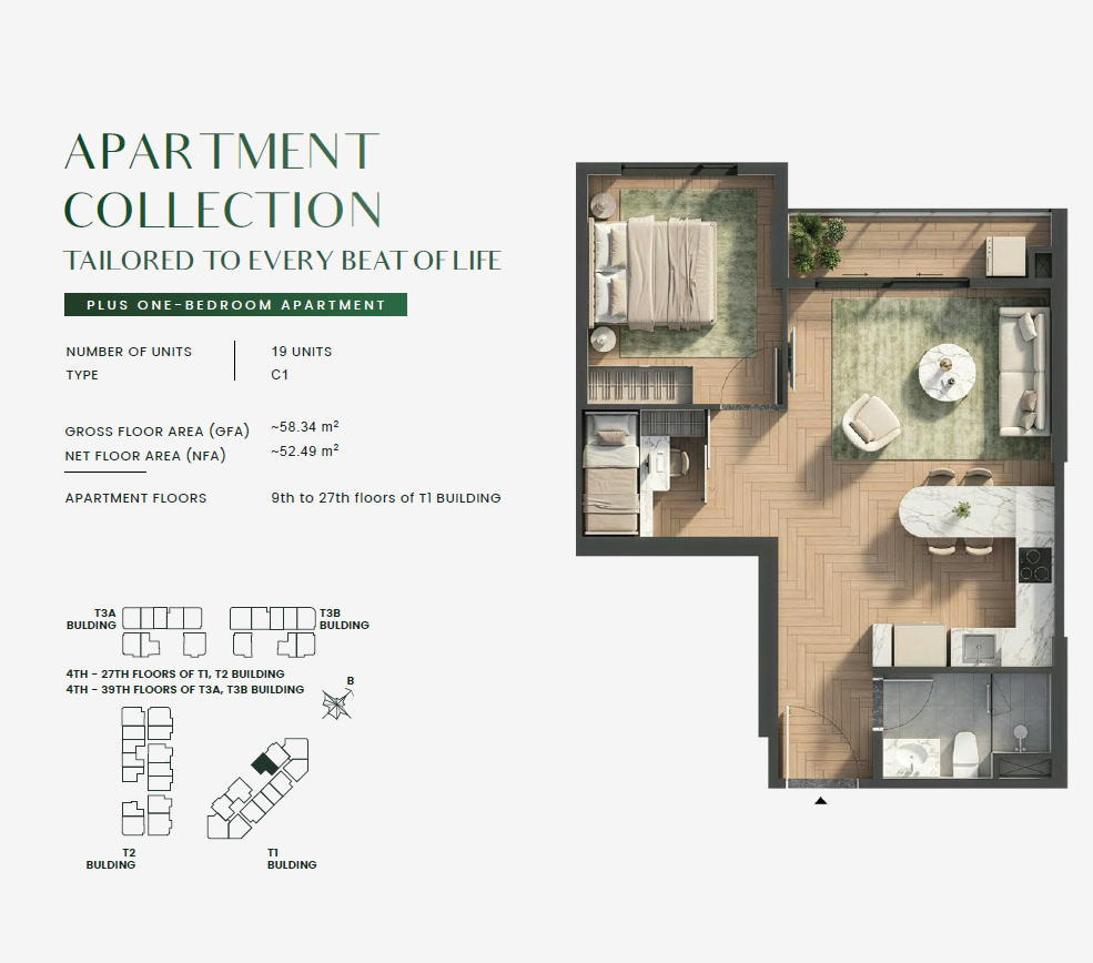 Green Skyline PLUS ONE-BEDROOM Type 1BRP-C1 Floor Plan