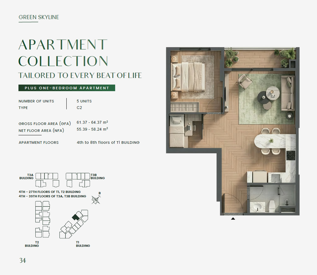Green Skyline PLUS ONE-BEDROOM Type 1BRP-C2 Floor Plan