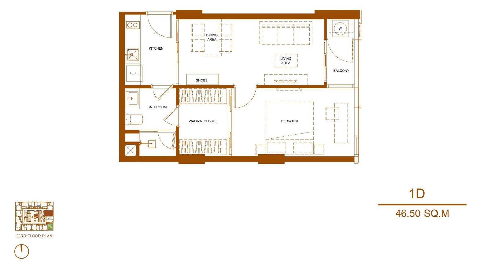 Shush Ratchathewi 1 Bed 1 Bath Type 1D Floor Plan