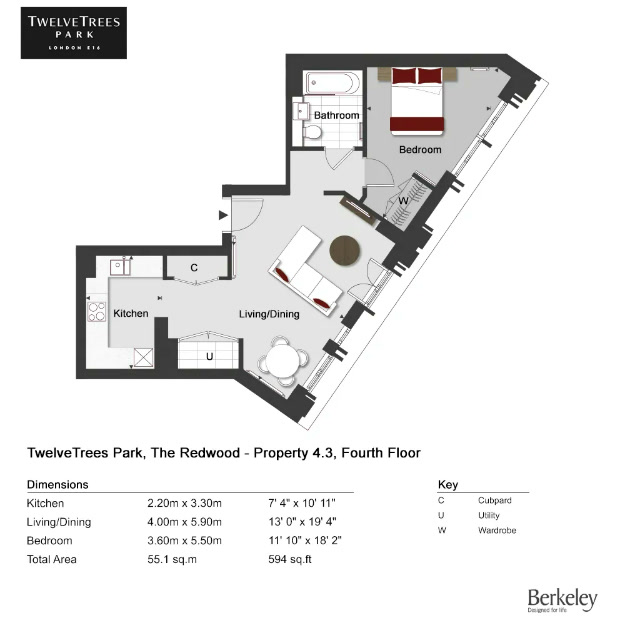 TwelveTrees Park 1 Bedroom Type 04-03 Floor Plan