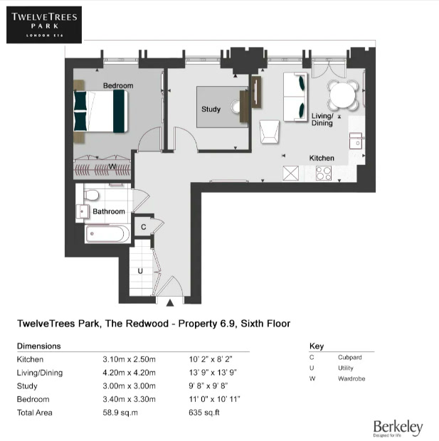 TwelveTrees Park 1 Bedroom Type 06-09 Floor Plan