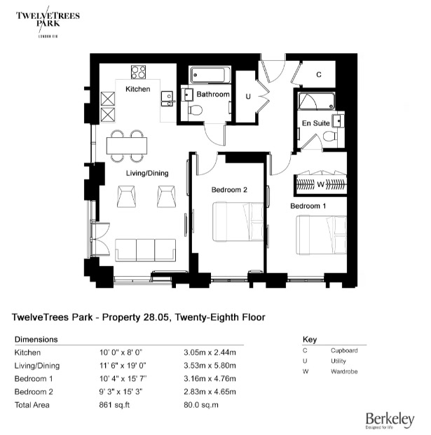 TwelveTrees Park 2 Bedroom Type 28-05 Floor Plan