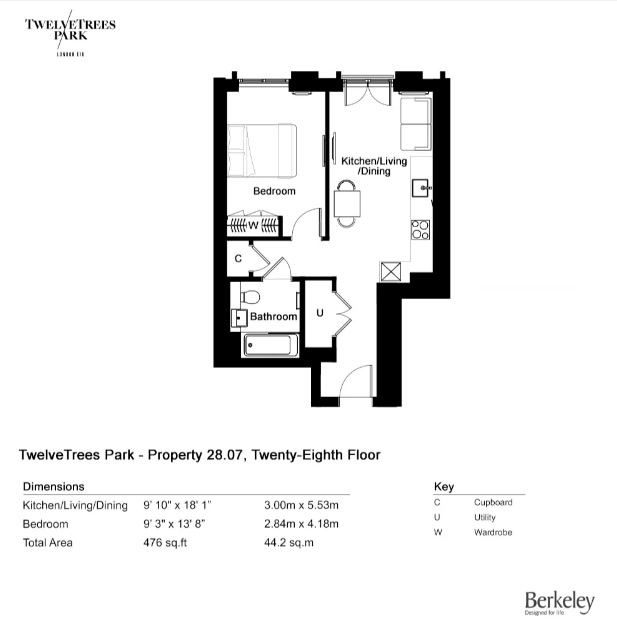 TwelveTrees Park 1 Bedroom Type 28-07 Floor Plan
