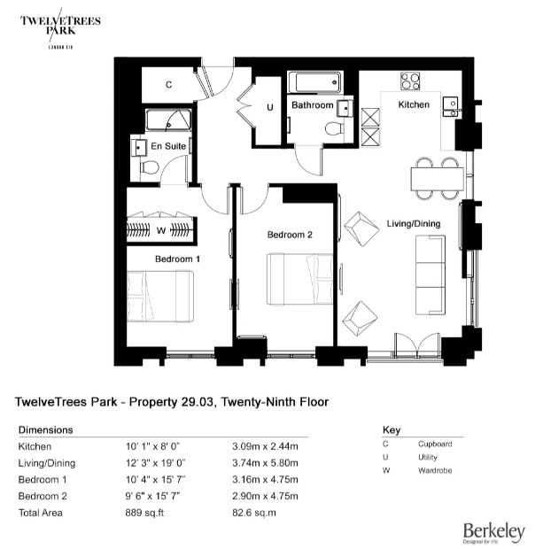 TwelveTrees Park 2 Bedroom Type 29-03 Floor Plan