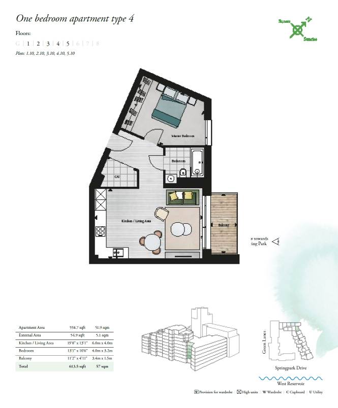 Woodberry Down 1 Bed Type 3.10 Floor Plan