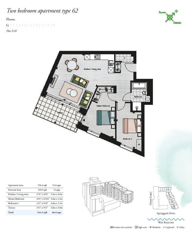 Woodberry Down 2 Bed Type G.01 Floor Plan